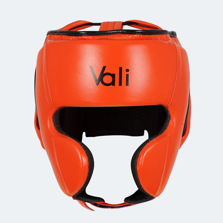 Lancer Leather Pro Boxing Headgear for Training Orange Front | Vali