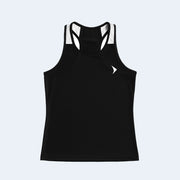 Black boxing tank top with white accents on a light gray background