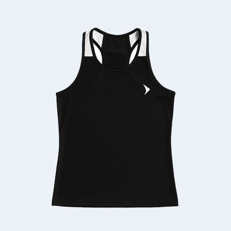 Black boxing tank top with white accents on a light gray background