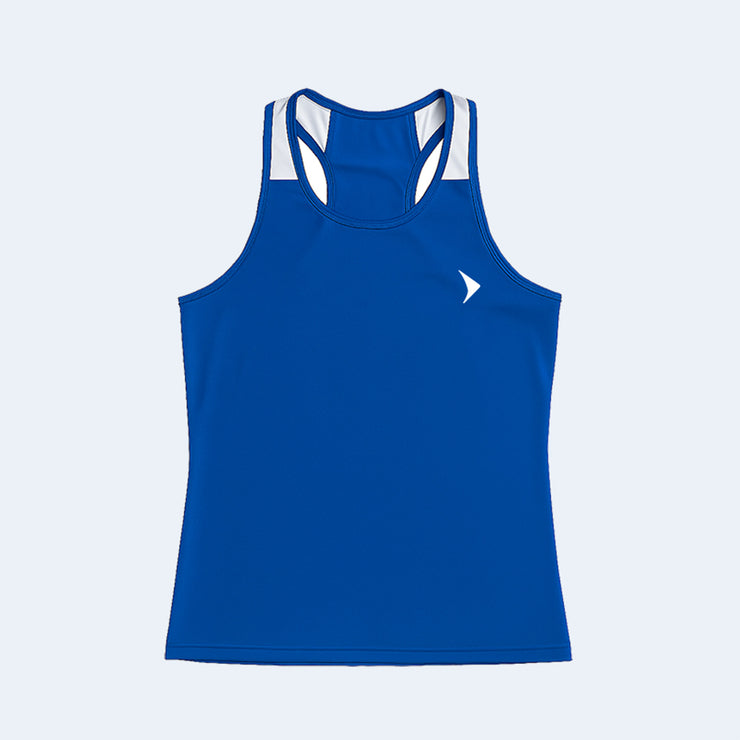 Blue boxing tank top with white accents on a light gray background