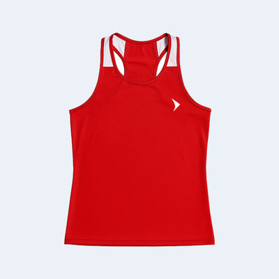 Red boxing tank top with white accents on a light gray background