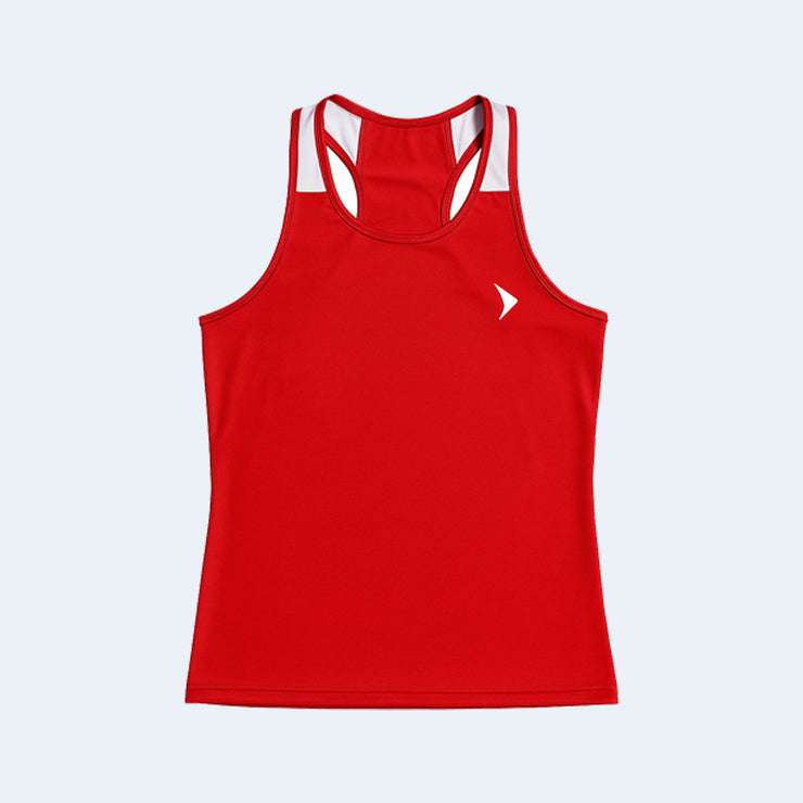 Red boxing tank top with white accents on a light gray background